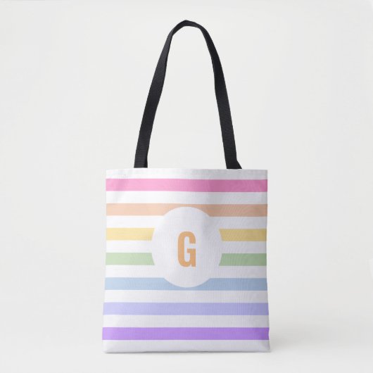 Tote Bag Monogramme simple en cercle blanc Pastel Arc-en-ci (Devant)