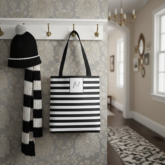 Tote Bag monogramme simple rayures modernes