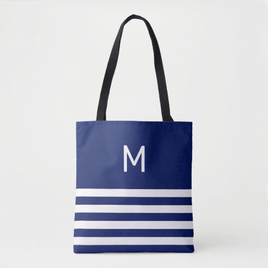 Tote Bag Monogramme sur fond rayé bleu et blanc (Devant)