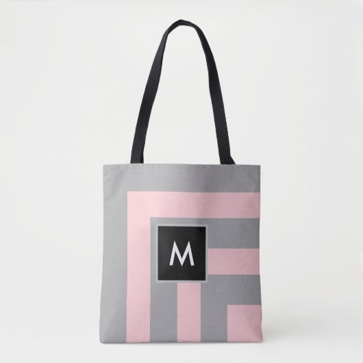 Tote Bag Monogramme sur rayé gris clair et rose (Devant)