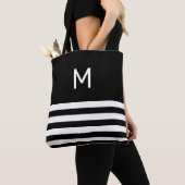 Tote Bag Monogramme sur rayures noires et blanches (De près)