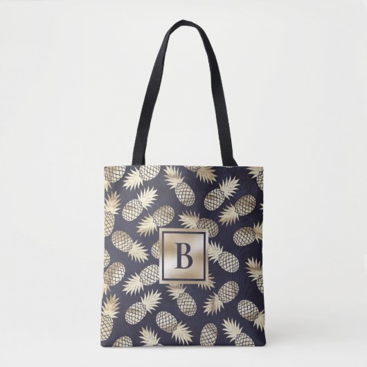 Tote Bag Monogramme Tropical Ananas Girly Gold Navy (Devant)