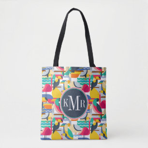 Tote Bag Monogramme tropical géométrique des oiseaux