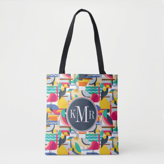 Tote Bag Monogramme tropical géométrique des oiseaux | (Devant)