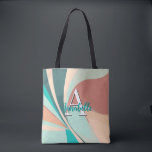 Tote Bag Monogramme Turquoise Abstrait Retro Moderne Peach<br><div class="desc">Ce sac fourre-tout abstrait moderne attire l'attention et fait une déclaration avec son aspect rétro de tourbillons de pêche,  turquoises,  aqua et de rouille d'argile. Ajoutez un nom et une initiale pour le personnaliser. Créé par Simply Farmhouse Press.</div>