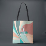 Tote Bag Monogramme Turquoise Abstrait Retro Moderne Peach<br><div class="desc">Ce sac fourre-tout abstrait moderne attire l'attention et fait une déclaration avec son aspect rétro de tourbillons de pêche,  turquoises,  aqua et de rouille d'argile. Ajoutez un nom et une initiale pour le personnaliser. Créé par Simply Farmhouse Press.</div>