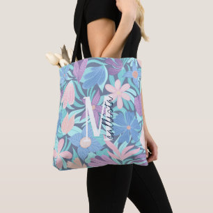 Tote Bag Monogramme turquoise bleu rose floral