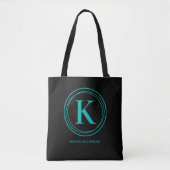 Tote Bag Monogramme Turquoise Élégant Nom Noir (Devant)