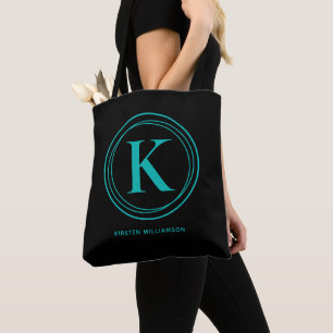 Tote Bag Monogramme Turquoise Élégant Nom Noir