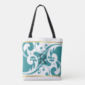 Tote Bag Monogramme Turquoise et blanc à la bordure en or (Dos)