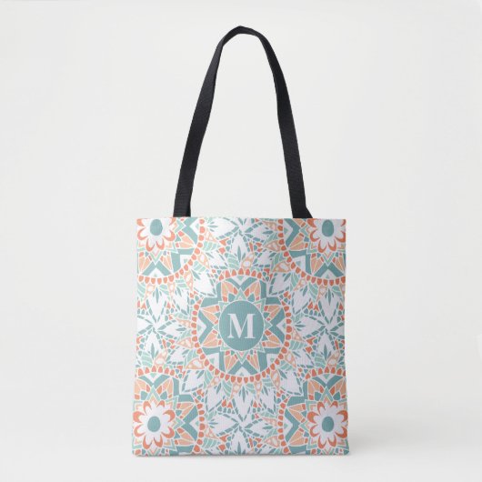 Tote Bag Monogramme Turquoise Mandala Peach (Devant)