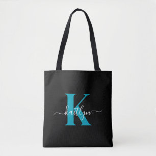 Tote Bag Monogramme Turquoise noir moderne