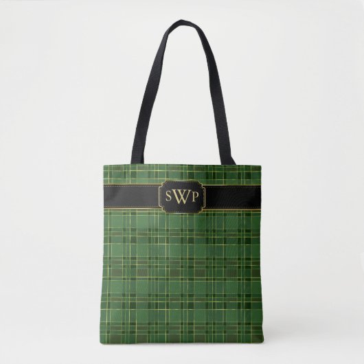 Tote Bag Monogramme vert de Noël plaqué or Tartan (Devant)