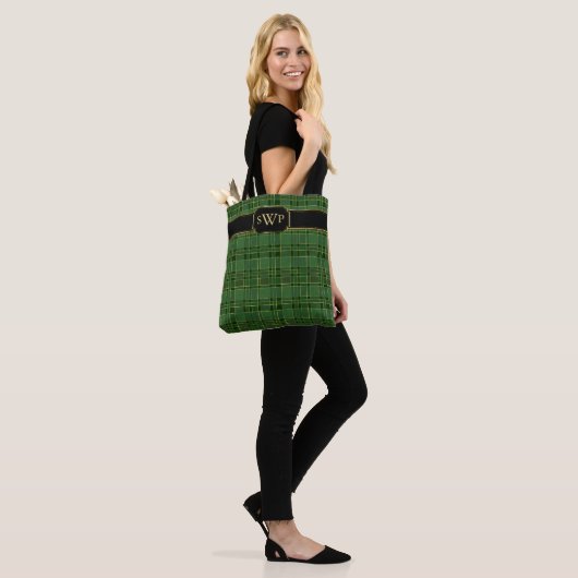 Tote Bag Monogramme vert de Noël plaqué or Tartan (Sur le modèle)