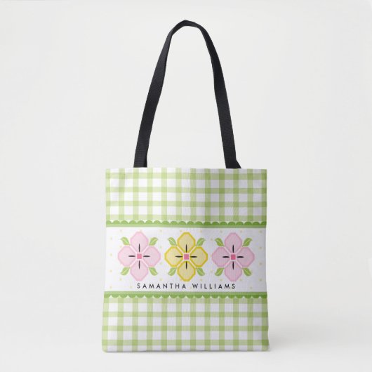 Tote Bag Monogramme vert En vichy floral (Devant)