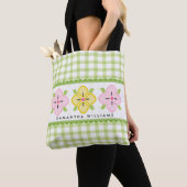 Tote Bag Monogramme vert En vichy floral (De près)