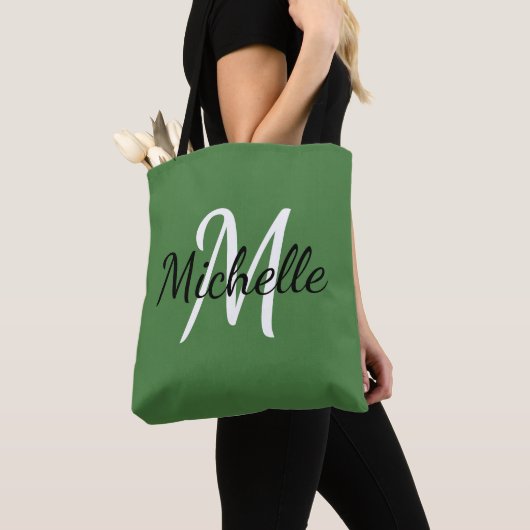 Tote Bag Monogramme vert et blanc minimaliste moderne (De près)