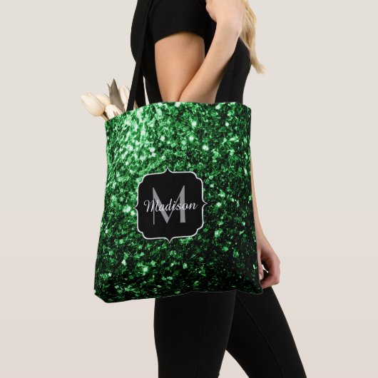 Tote Bag Monogramme vert foncé faux parties scintillant sci (De près)