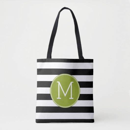 Tote Bag Monogramme vert Motif rayé noir et blanc (Devant)