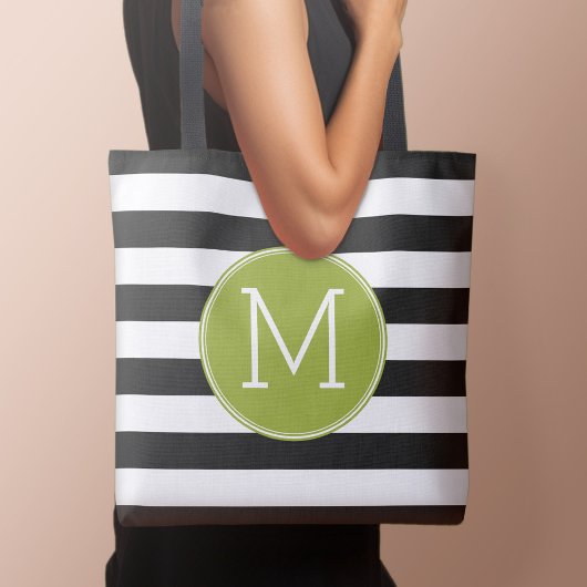 Tote Bag Monogramme vert Motif rayé noir et blanc