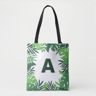 Tote Bag Monogramme vert palmier tropical feuille floral