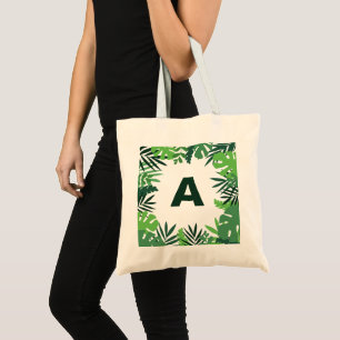Tote Bag Monogramme vert palmier tropical feuille floral