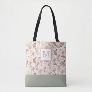 Tote Bag Monogramme vert rose vintage Floral