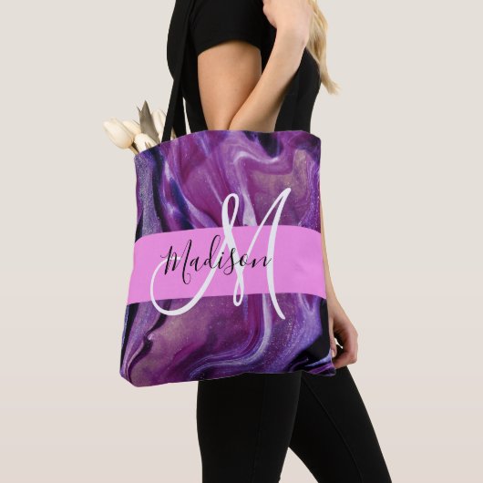 Tote Bag Monogramme Violet Abstrait Brillant Texture Rose (De près)