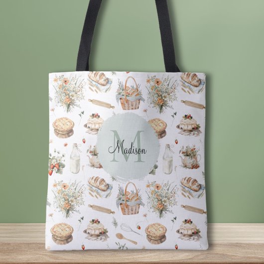 Tote Bag Monogramme Whimsical Floral Strawberry Country
