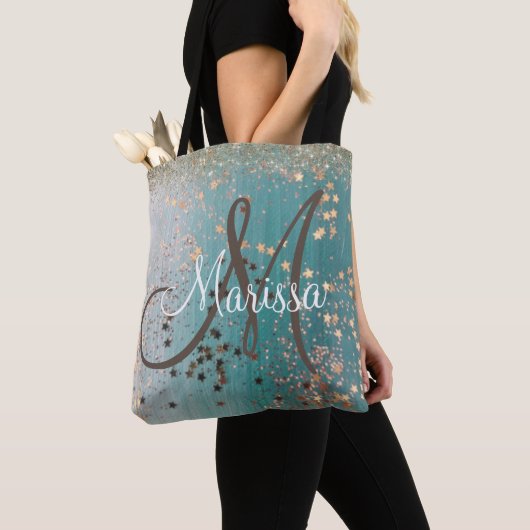 Tote Bag Monogrammes Gold Stars sur Parties scintillant Tur (De près)