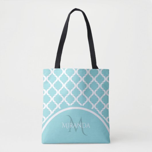 Tote Bag Monongramme et nom du Quatrefoil Aqua Grand tendan (Devant)