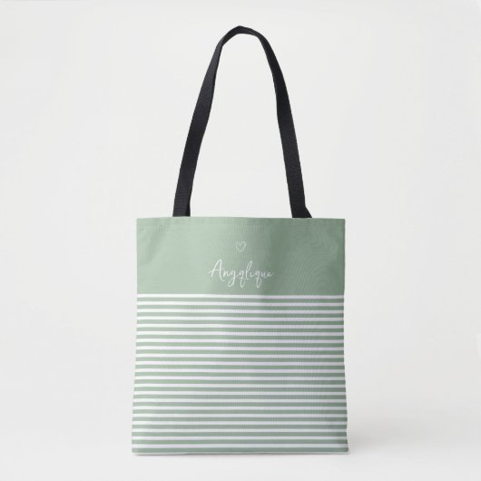 Tote Bag Monongramme Sage Modern Heart and Stripes (Devant)