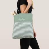 Tote Bag Monongramme Sage Modern Heart and Stripes (De près)