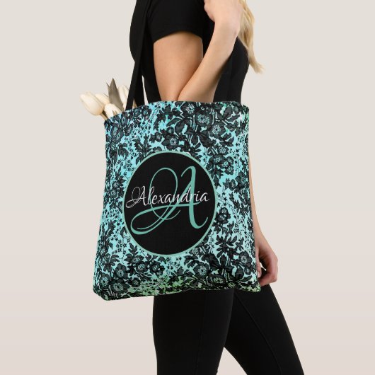Tote Bag Moody Floral noir sur Monogramme Turquoise (De près)