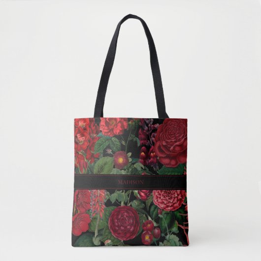 Tote Bag Moody Florals Noir & Bourgogne Monogramme (Devant)