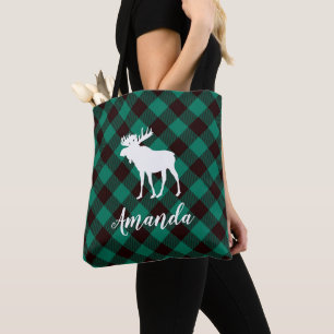 Tote Bag Moose et Buffalo Green Plaid Motif Noël