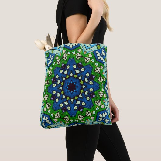 Tote Bag Mosaic bleu vert Hippie Boho Mandala (De près)
