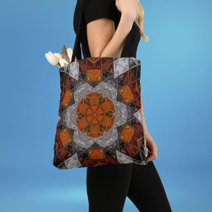 Tote Bag Mosaic Mandala Fleur orange blanc et noir