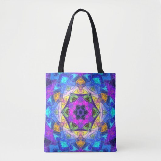 Tote Bag Mosaic Mandala Flower rose bleu et jaune (Devant)