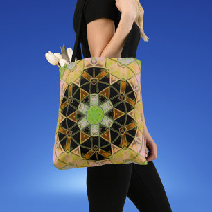 Tote Bag Mosaic Mandala Flower vert jaune et noir