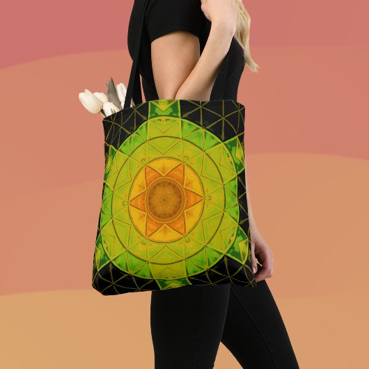 Tote Bag Mosaic Mandala Flower vert orange et noir