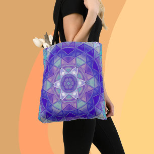 Tote Bag Mosaic Mandala Flower violet bleu et blanc