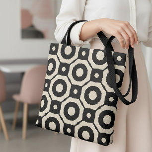 Tote Bag Mosaïque tendance Motif géométrique noir et beige