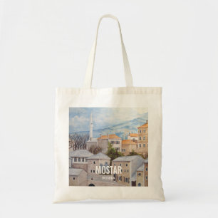 Tote Bag Mostar, Bosnie - Peinture Townscape Acrylique