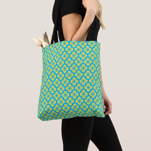 Tote Bag Motif à fleurs en Jaune et Turquoise (De près)