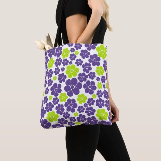 Tote Bag Motif à fleurs en vert citron et violet (De près)