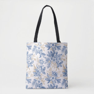 Tote Bag Motif à fleurs Vintage d'hiver bleu