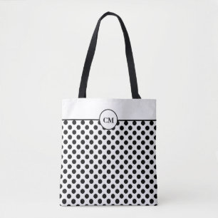 Tote Bag Motif à pois noir et blanc avec monogramme