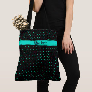 Tote Bag Motif à pois sarcelle sur fond noir avec texte per