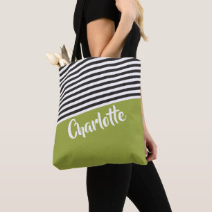 Tote Bag Motif à rayures blanc noir vert personnalisé